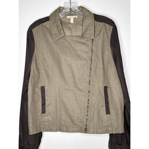 Green Eileen Fisher Organic Linen Moto Jacket Two-Tone Brown Medium - Picture 13 of 13